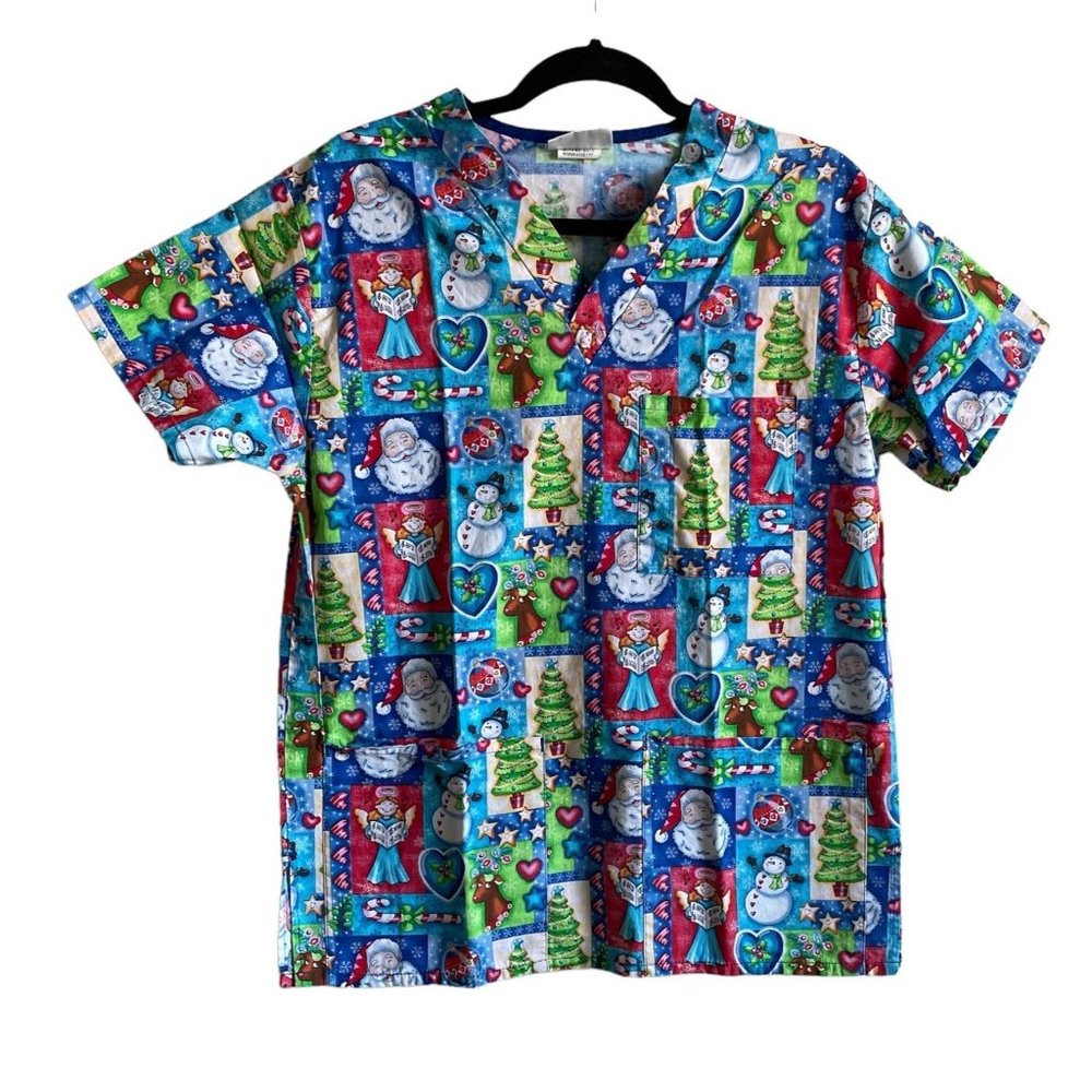 4/$25 Uniform City Christmas Scrub Top‎ Snowman Tree Angel Santa Snowflake Sz S